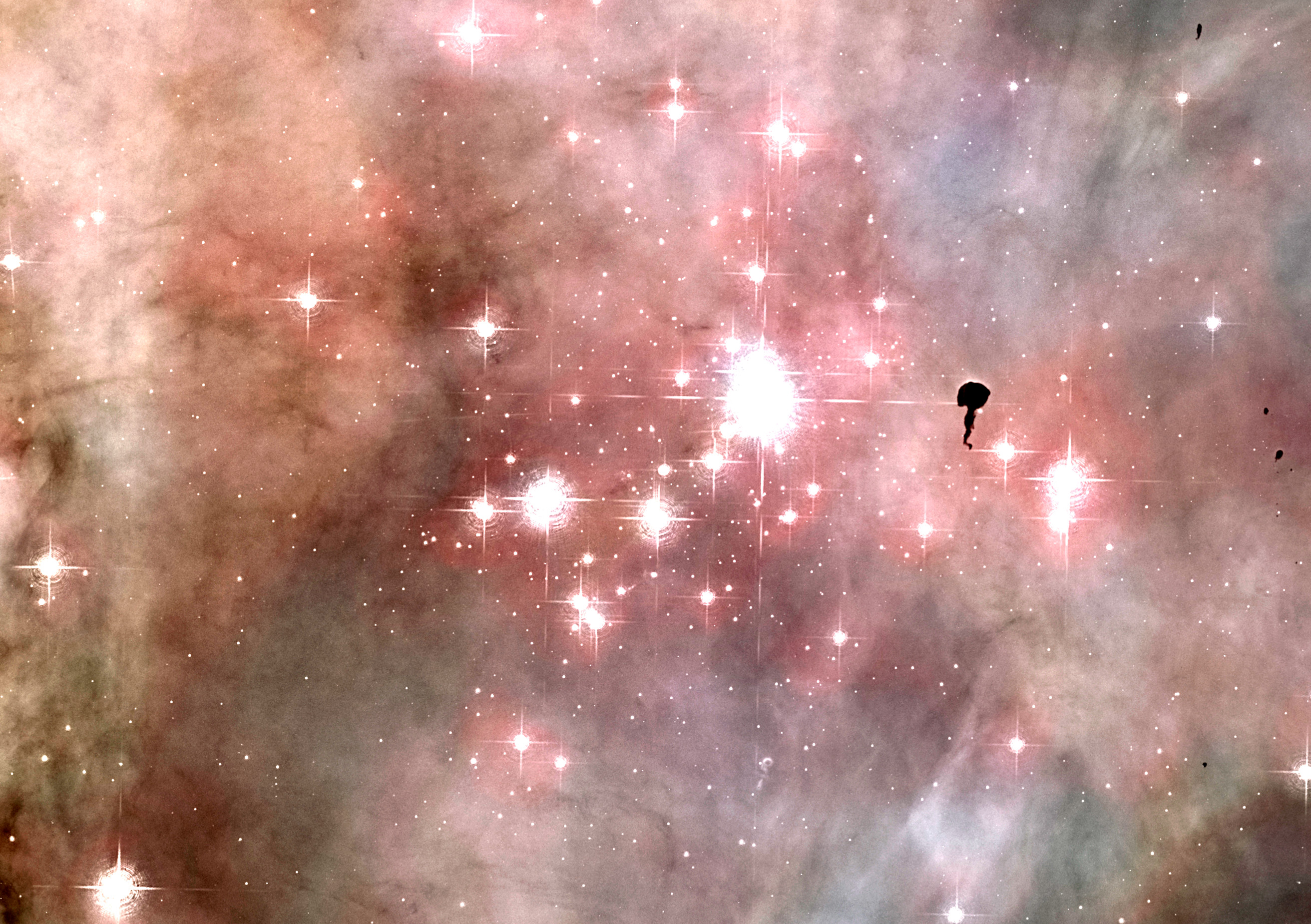 Trumpler 14, ein heller Sternhaufen vor dem orangebraun dargestellten Carinanebel.